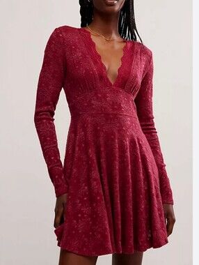 Free People All Yours Mini Dress Red Purple Long-Sleeve Lace-Trim Red Dress XS